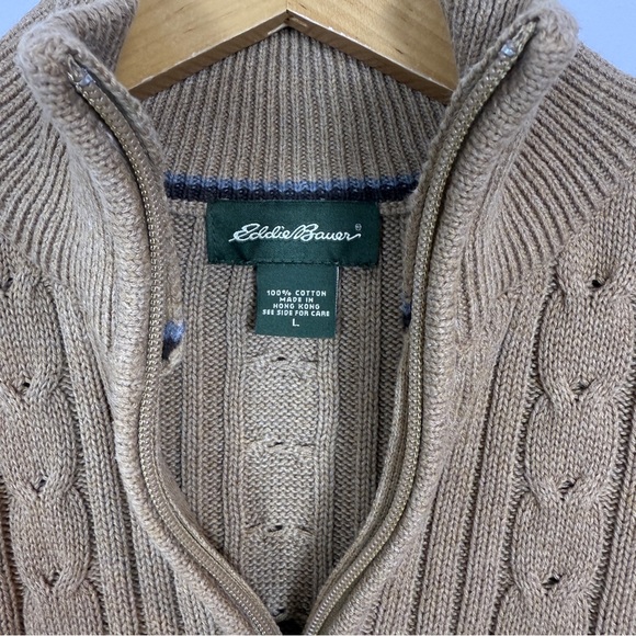 Eddie Bauer Cable Knit Quarter Zip Sweater Tan Cotton Pullover Size Large - Picture 2 of 7